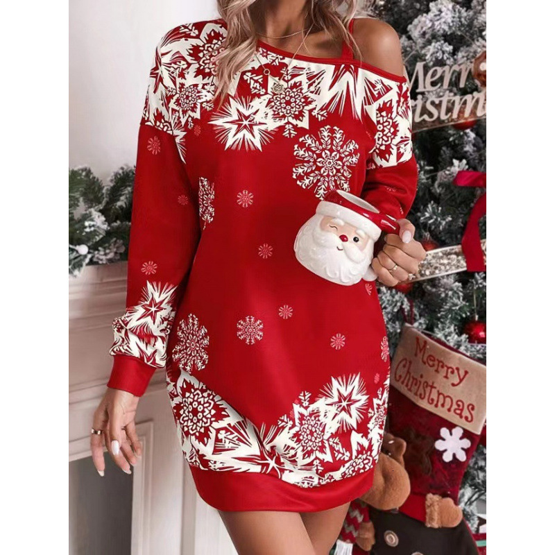 Christmas Snowflake Print Designer Long Sleeved Single Shoulder Women's High-quality Party Dress Top Knit Sweater