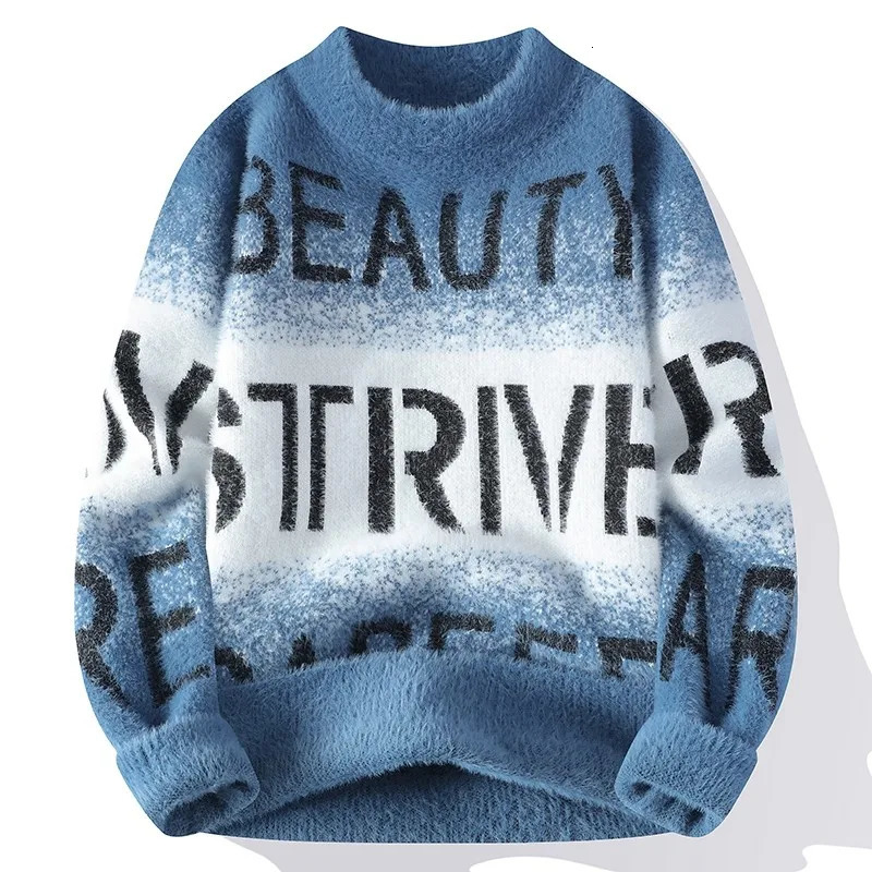 Gradient Color Blocked Letter Printed Sweater American Trend Mens Tops Classic Autumn Knitted Pullover Fashionable Slim Fit 241213