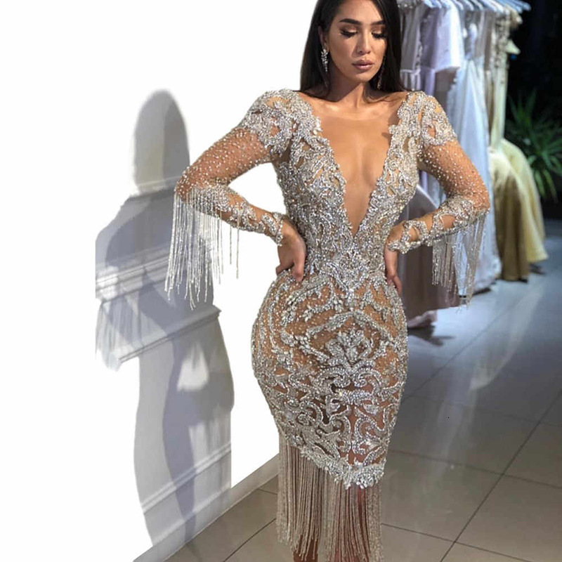 Womens Deep v Hollow Long Sleeved Sprinkled Gold Long Dress