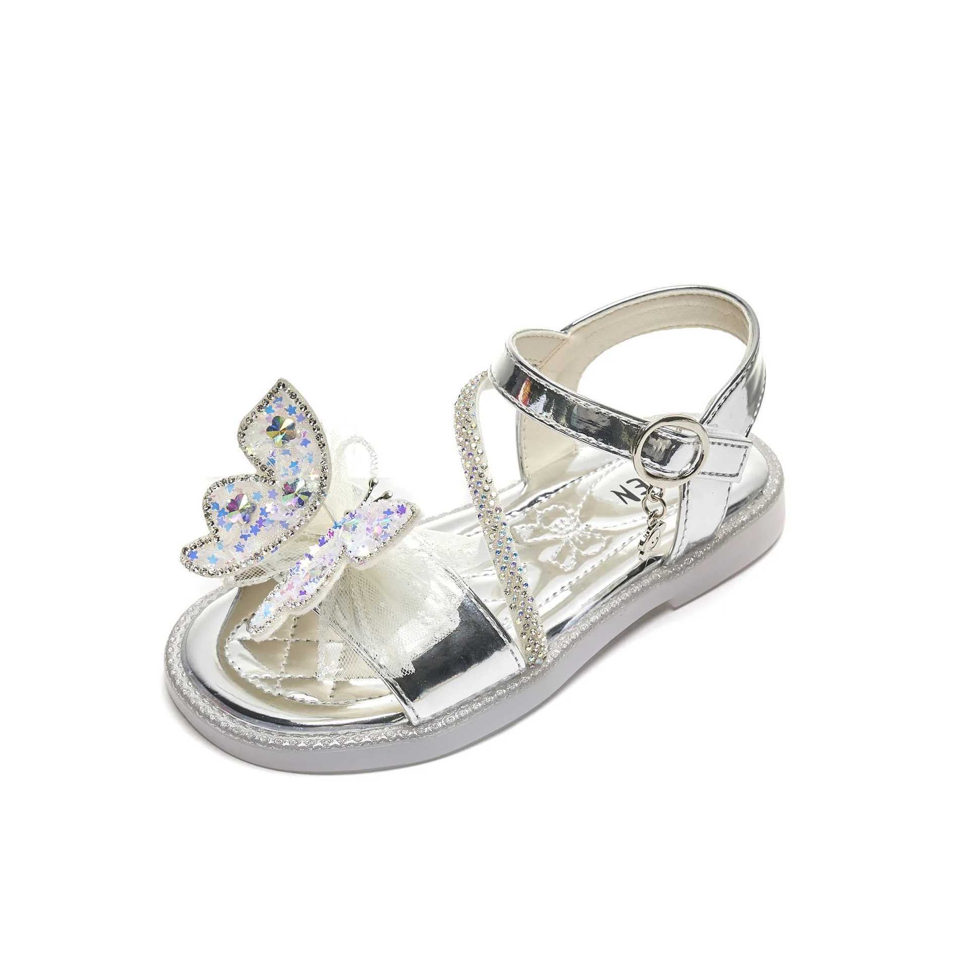 Sandals Children Party Shoes 2024 Summer New Butterfly Sequin Girls Princess Shoes Fashion Crystal Soft Sole Kids Casual Sandals H05226 H241213