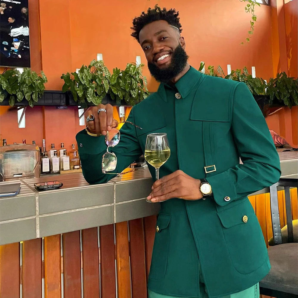 Green Fashion Utility Wedding Men Suits TailorMade Party Tuxedo 2 Pieces Slim Fit Jacket Pants Blazer Singer Groom 241211