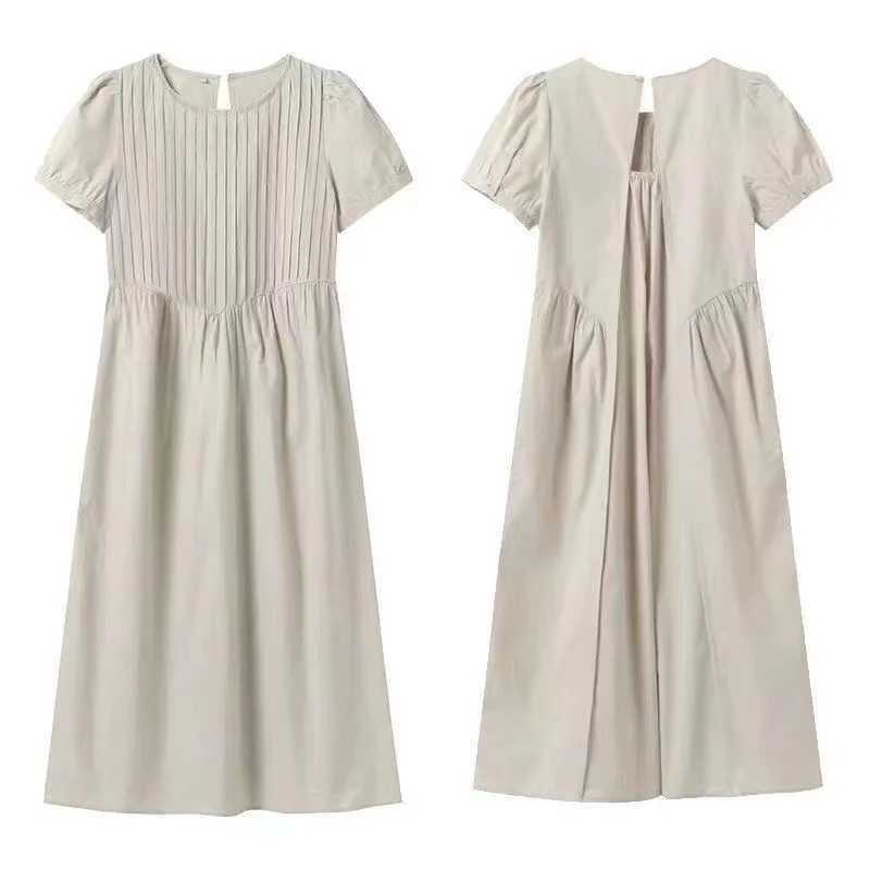 Korean Sle Materni Backless Dress Plus Size Short Sleeve Pleated High Waist Pregnant Woman Dress with Pockets Loose DesignXJ241213