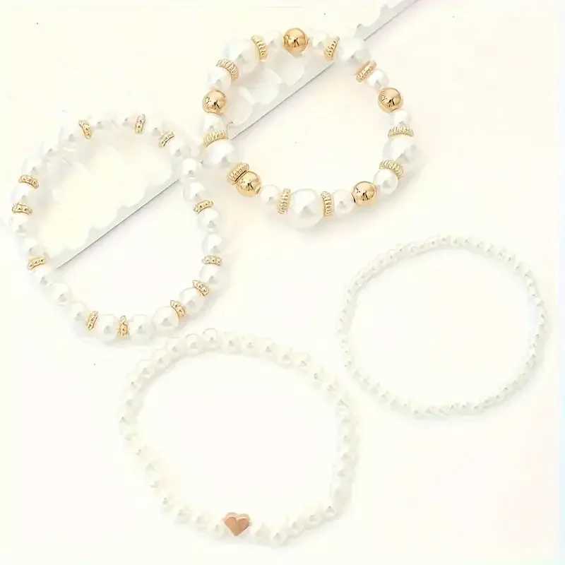 New 4 Pcs/Set imitation Pearl Beaded Bracelets Set for Women Fashion Gold Color Heart Big Pearl Bracelet Tren Jewelry GiftsXJ241214