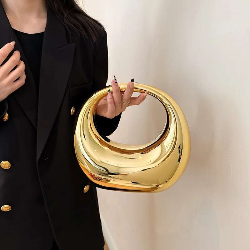 New Golden Evening for Women PVC Wrist Bag Dinner Party Wedding Round Handle Clutch Purse 2024 Designer Handbag