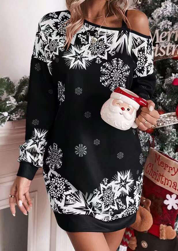 Christmas Snowflake European American Printed Long Sleeve Slanted Shoulder Autumn/Winter Dress for Women 2024 New Style, Unique and Elegant Clothing