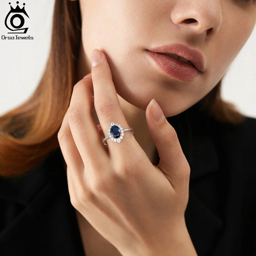 ORSA JEWELS Female 925 Sterling Silver Sapphire Oval Shaped Rings with CZ Cubic Zirconia Gemstone Blue Solitaire Ring Gift LZR09 241214