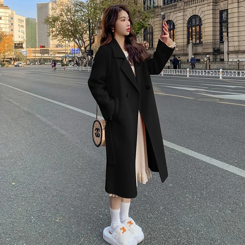 Black Double sided wool Coat Womens Autumn Winter Korean version Loose Lace up Woolen Coats Female Slim Long Overcoat 241214