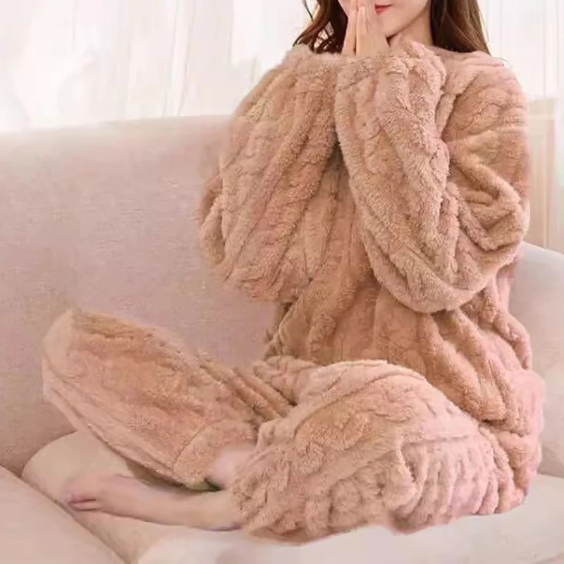 Womens Pajamas Set Winter Sleepwear Oneck Loose Long Sleeve Top Elastic Waist Leg Pant Sets Trousers Plus Size Matching 241203