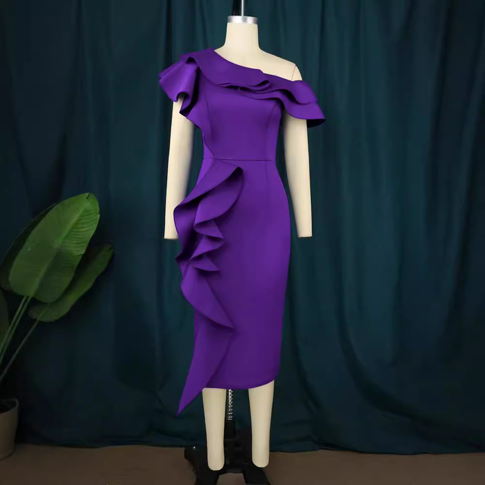 Bestselling Chubby MM Women's Designer Slanted Shoulder Lotus Leaf Edge Plus Size High-end Luxury Brand Dress Dress Party Dress