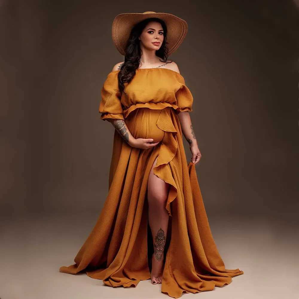 Boho Rust Cotton Materni Photoshoot Long Dress Bohemian Cotton 2 in 1 Pregnancy Photography DressXJ241213