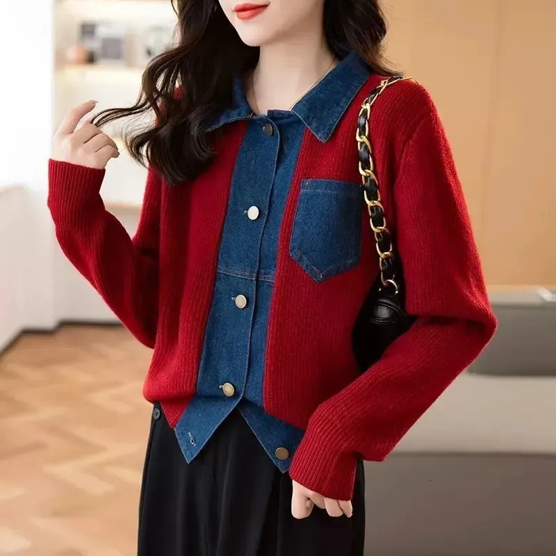 Fashion denim patchwork lapel knitted jacket for womens spring and autumn cardigan wool sweater top 2025 item 241211