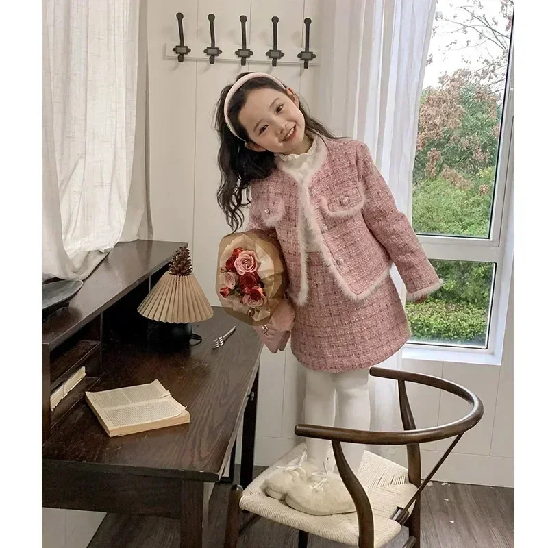 Spring Winter Girl Kids 2Pcs Tweed Clothes Sets Fashion Children Suits for 1-10Years Childrens Cotton Padded Jacket CoatSkirt 241213