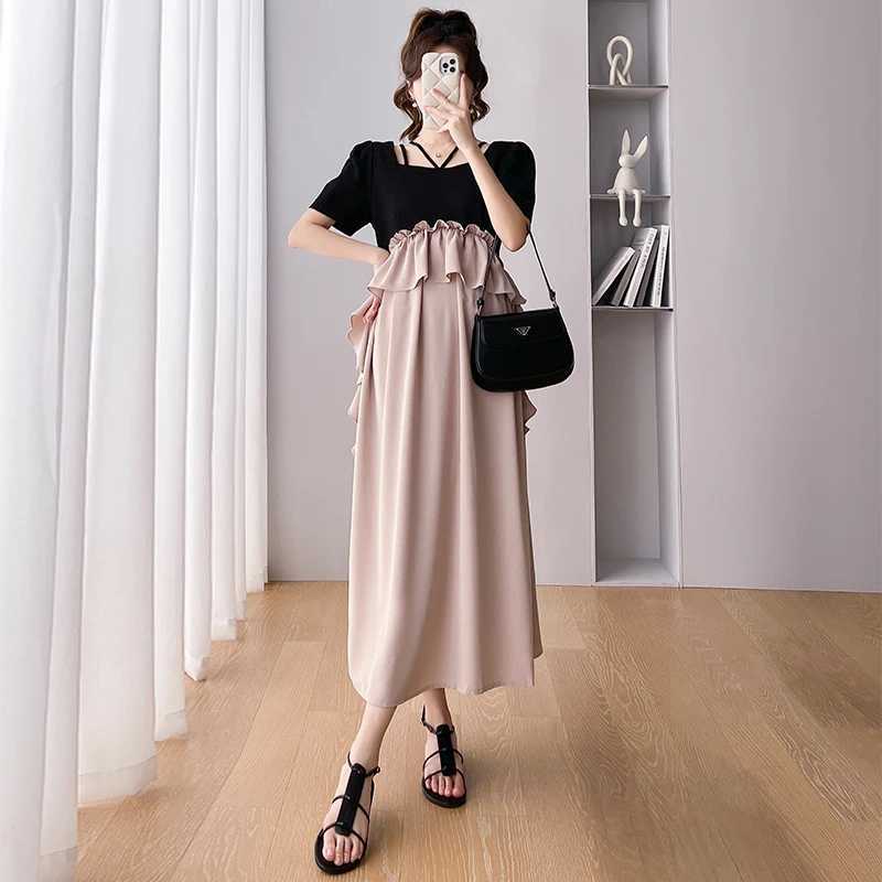2025 Summer Pregnancy Dress Short Sleeve Square Collar Ruffles Patchwork Materni Chiffon Dress Plus Size Pregnant Women DressXJ241213