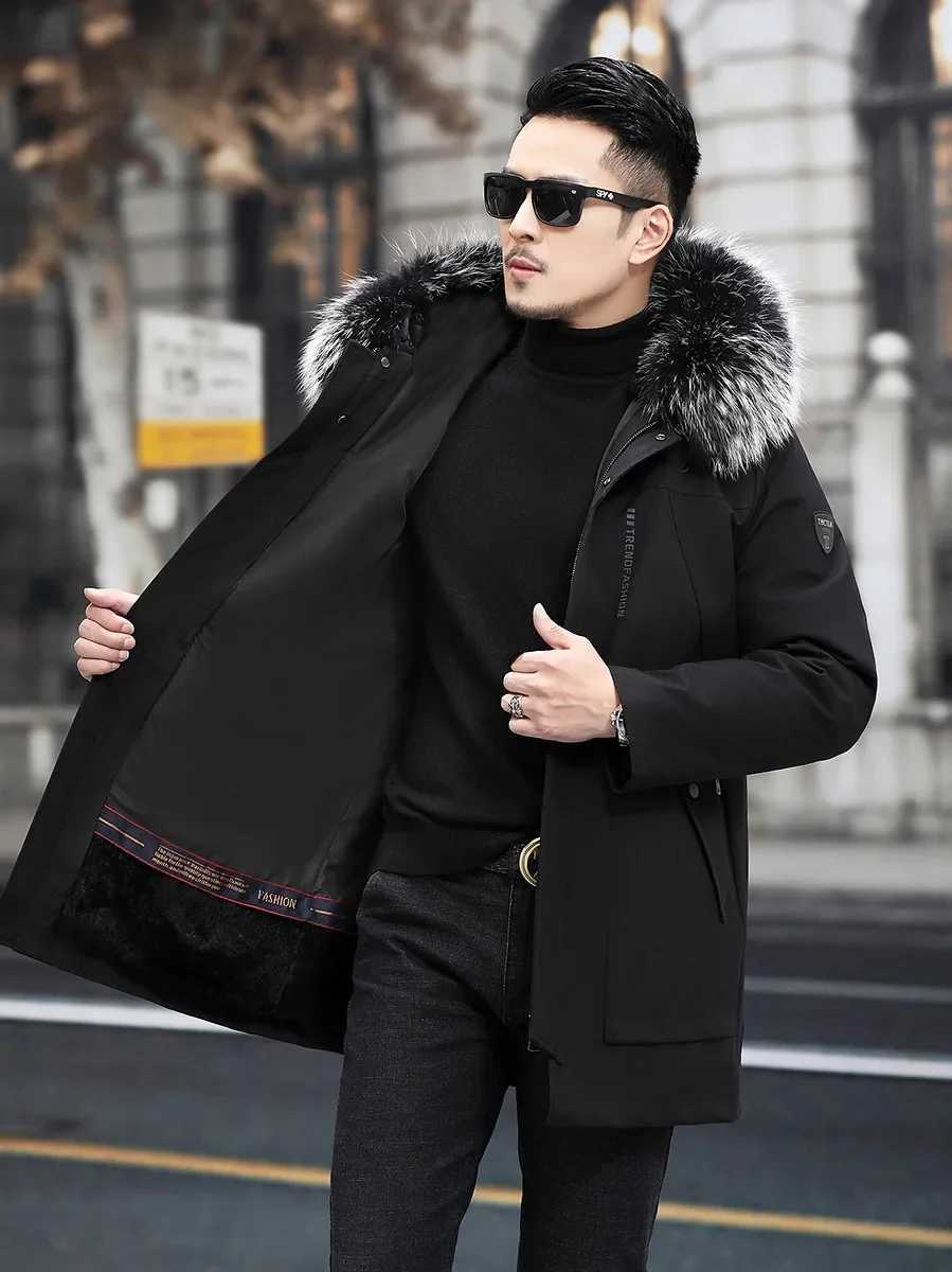 Korean fashion mens fur leather jacket jacket fox fur collar park medium length rabbit fur lining detachable winter fur coat PK2230 W241213