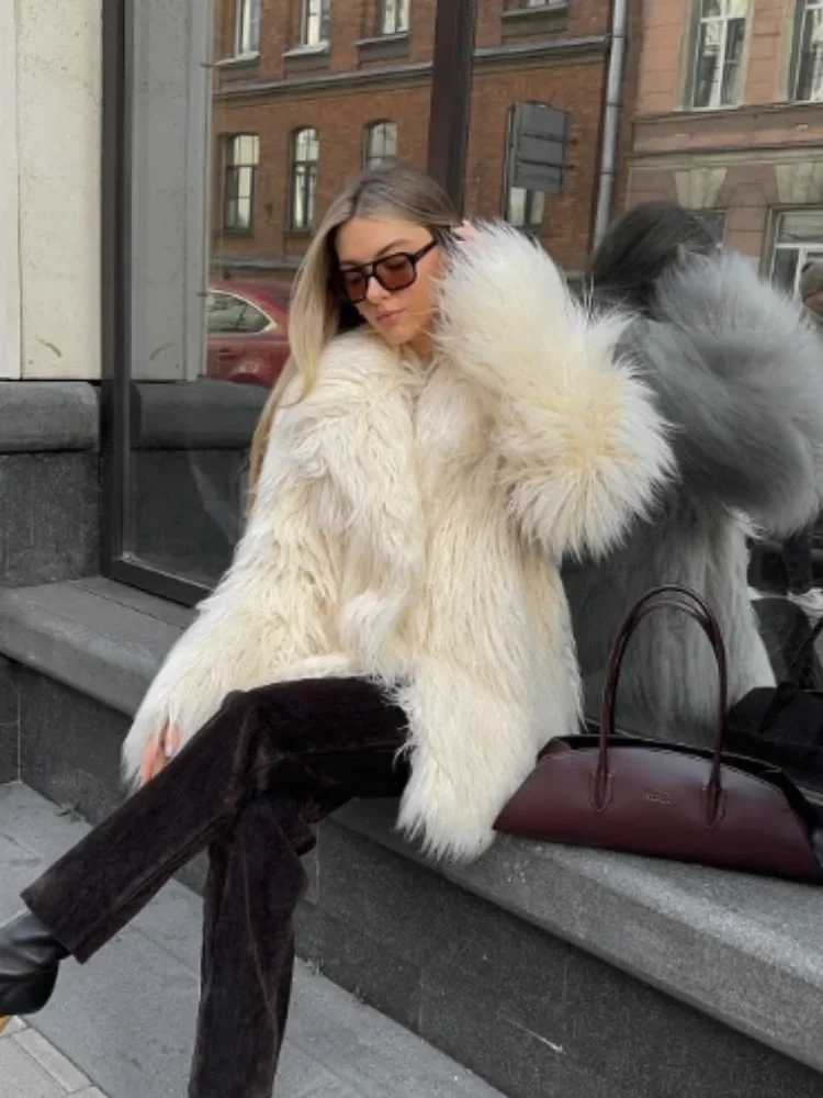 2024 Winter Warm Big Collar Fluffy Imitation Womens Fur Coat Elegant Long Sleeve Loose Solid Thick Jacket Womens New Coat X241214