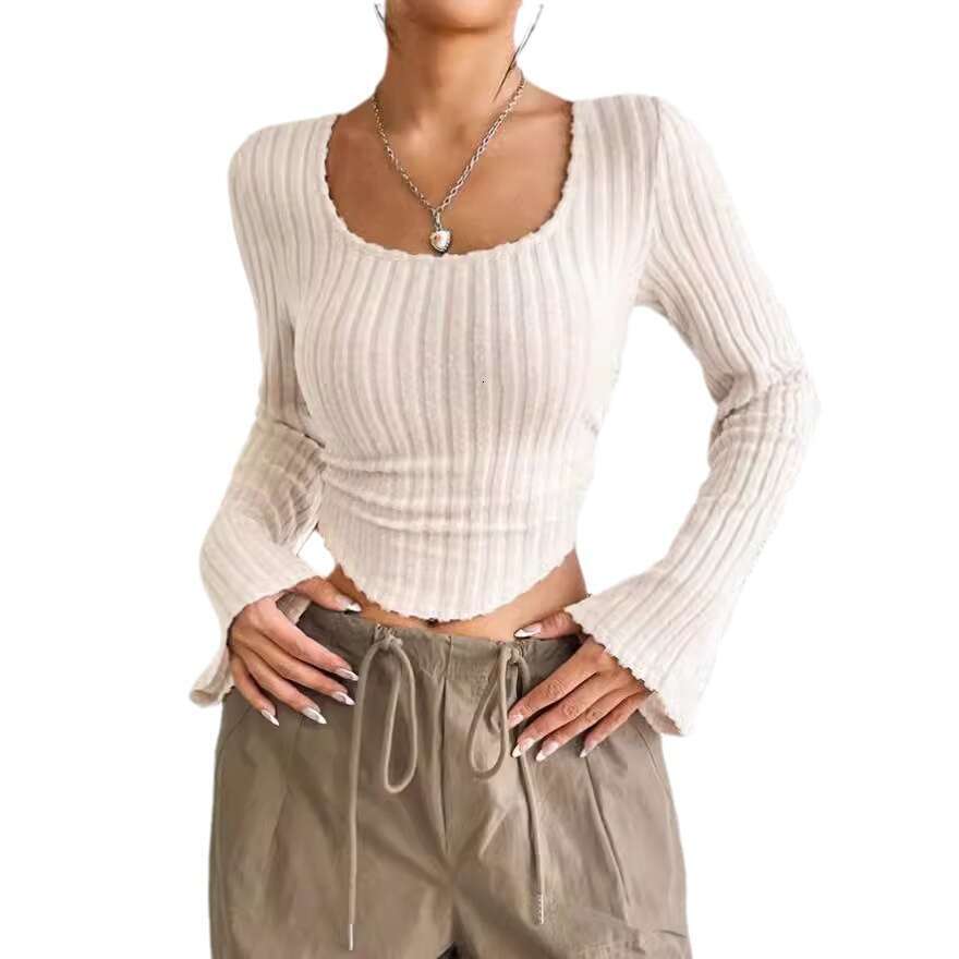European and American 2024 Spring/Summer New Hot Selg Square Collar Pit Bar Horn Long Sleeve T-shirt for Women