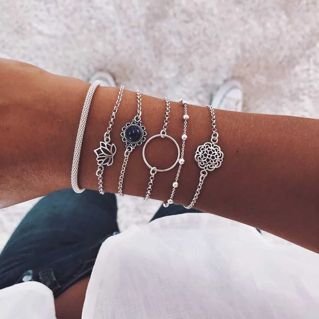 New Vintage Flower Charm Bracelet Set For Women Retro Silver Color Circle Chain Bangle Female Fashion Party JewelryXJ241214
