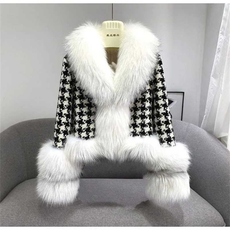 2022 Autumn Winter Womens New Hound Big Fur Collar Imitation Fur Coat Womens Warm Short Slim fit Fur Leather Jacket X241214