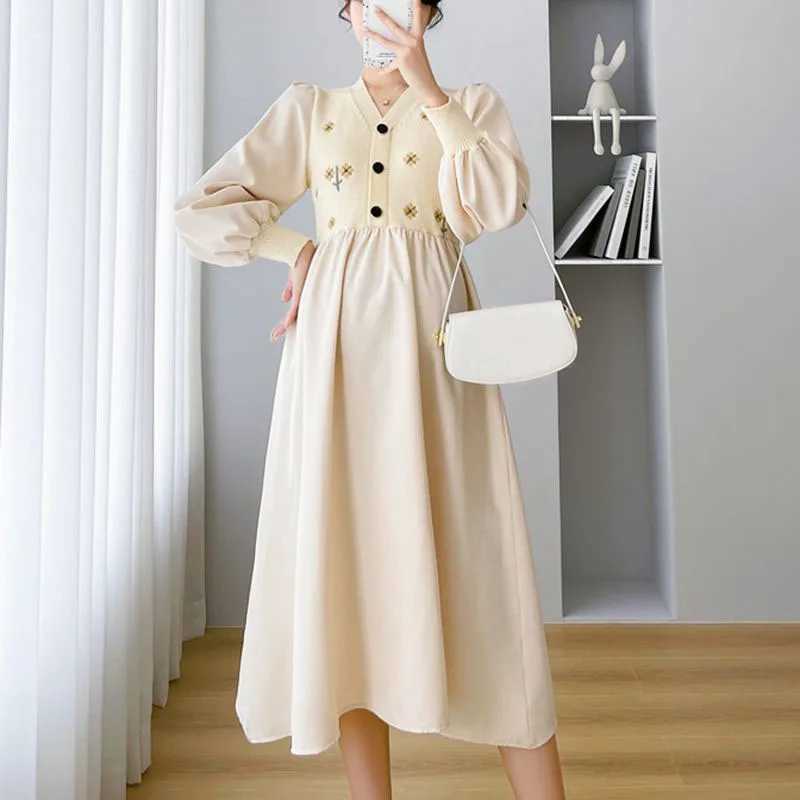 Materni Dresses Autumn Winter Clothes For Pregnant Women Fashion Embroidery Stitching Breastfeeding Dress Pregnancy VestidosXJ241213