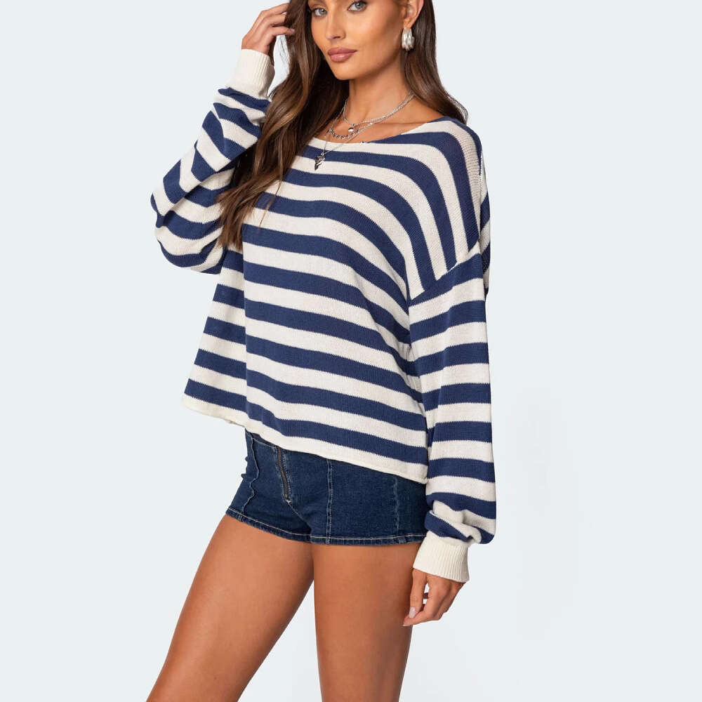 2025 European and American new knitted top women's casual loose striped long sleeved pullover sweater for women