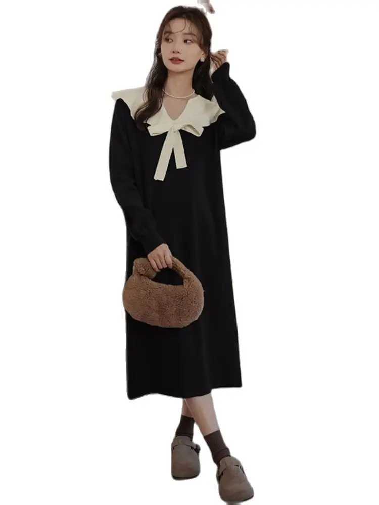 2024 Korean Sle Pregnant Women Black Dress Autumn Winter Long Sleeve Bowknot Collar Materni Knitting Dress Pregnancy SweaterXJ241213