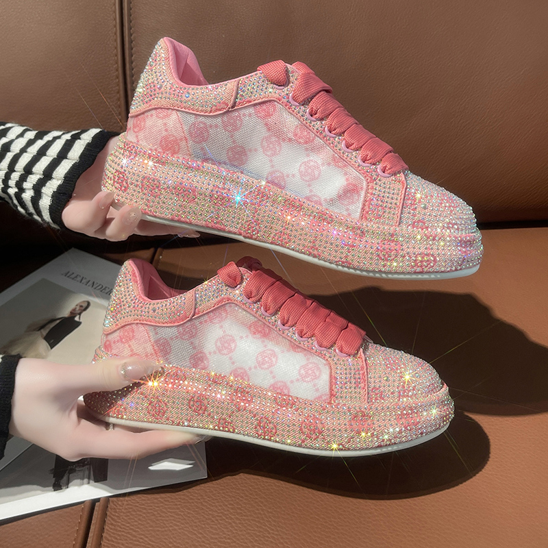 Full Diamond Thick Bottom Designer Casual Shoes with Lace up Women's Fashion Sports Shoes Pink Printed Women's Luxury Flat Shoes High Qualit