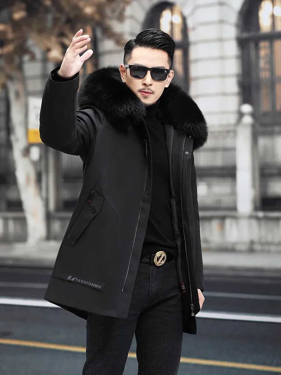 Korean fashion mens fur leather jacket jacket fox fur collar park medium length rabbit fur lining detachable winter fur coat PK2230 W241213