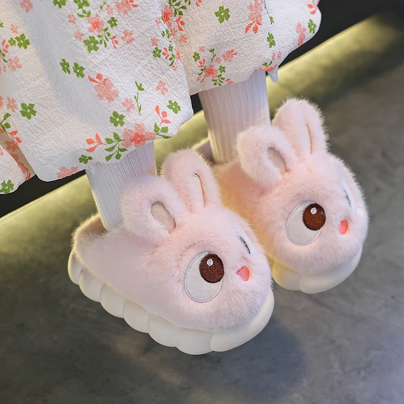 Winter Cute Big eyed Rabbit Childrens Waterproof Warm Non-slip Fluffy Slippers For Girls Boys Kids Indoor Home Cotton Shoes 241213