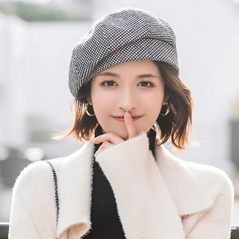 Simple Women Wool Beret for Elegant Lady Winter Female Cotton Hats Plaid Vintage Octagonal Casual Autumn Cap 241214