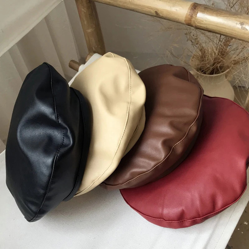 Retro PU leather beret womens autumn and winter warm octagonal hat elegant solid color painted 241210