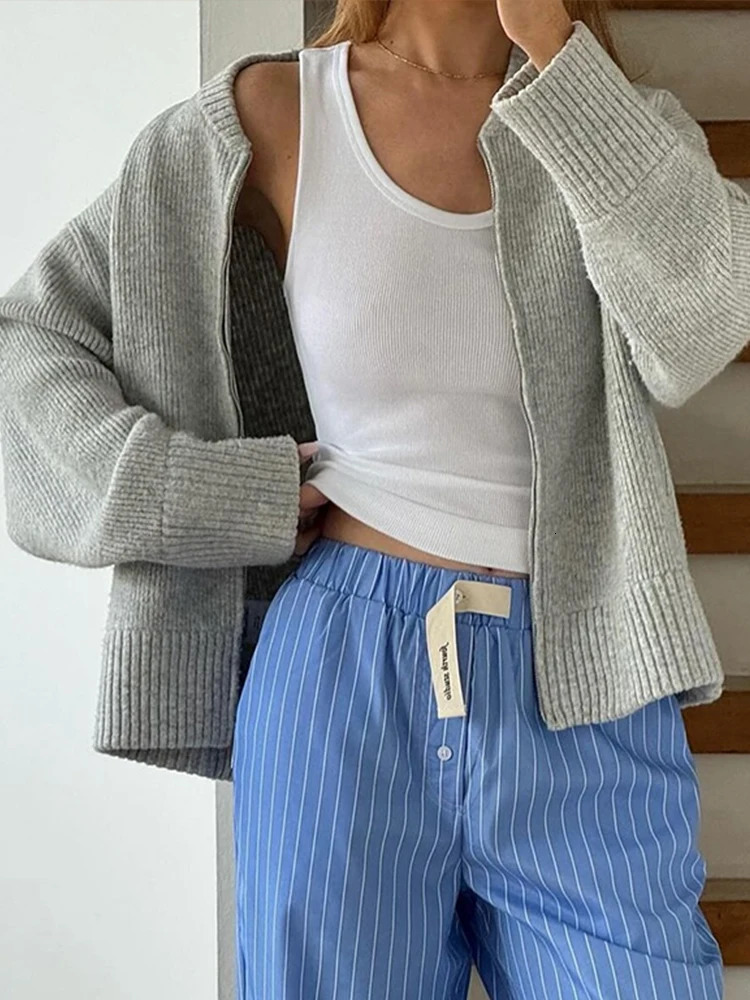 Casual Knit Solid Women Cardigan O Neck Slim Full Sleeve Zipper Lady Sweater 2024 Autumn Winter Female Overcoat 241214