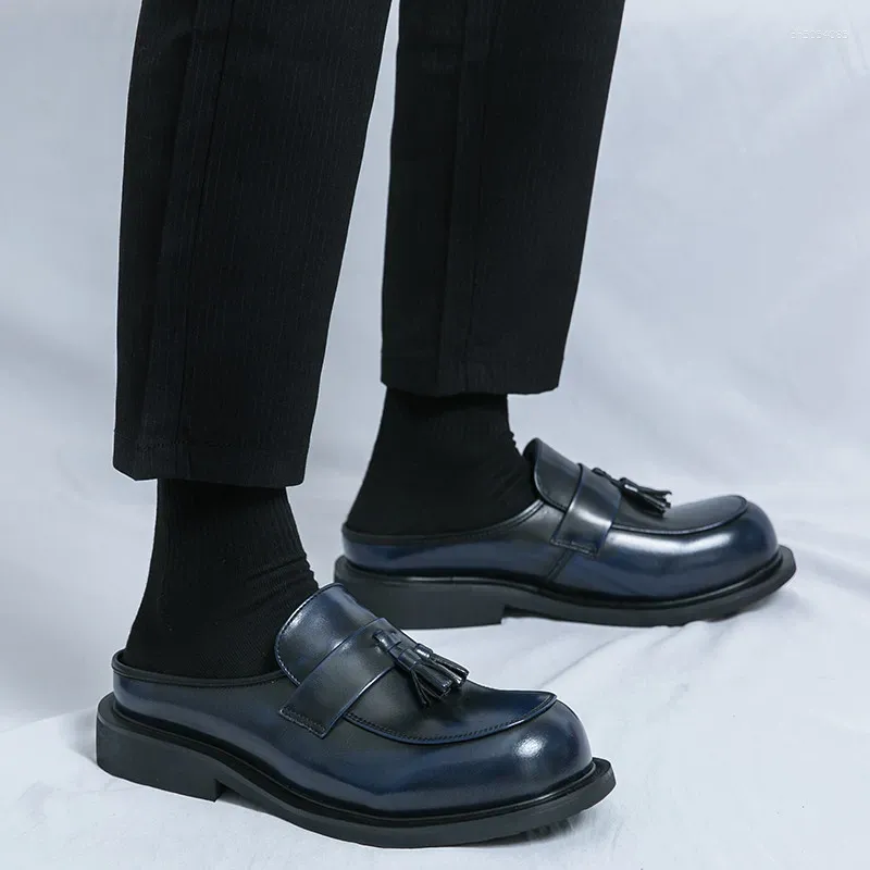 Slippers Fashion Men's Black Blue Tassels Half Driving Shoes Male Casual Mules Moccasins Breathable Loafers atos Hombre