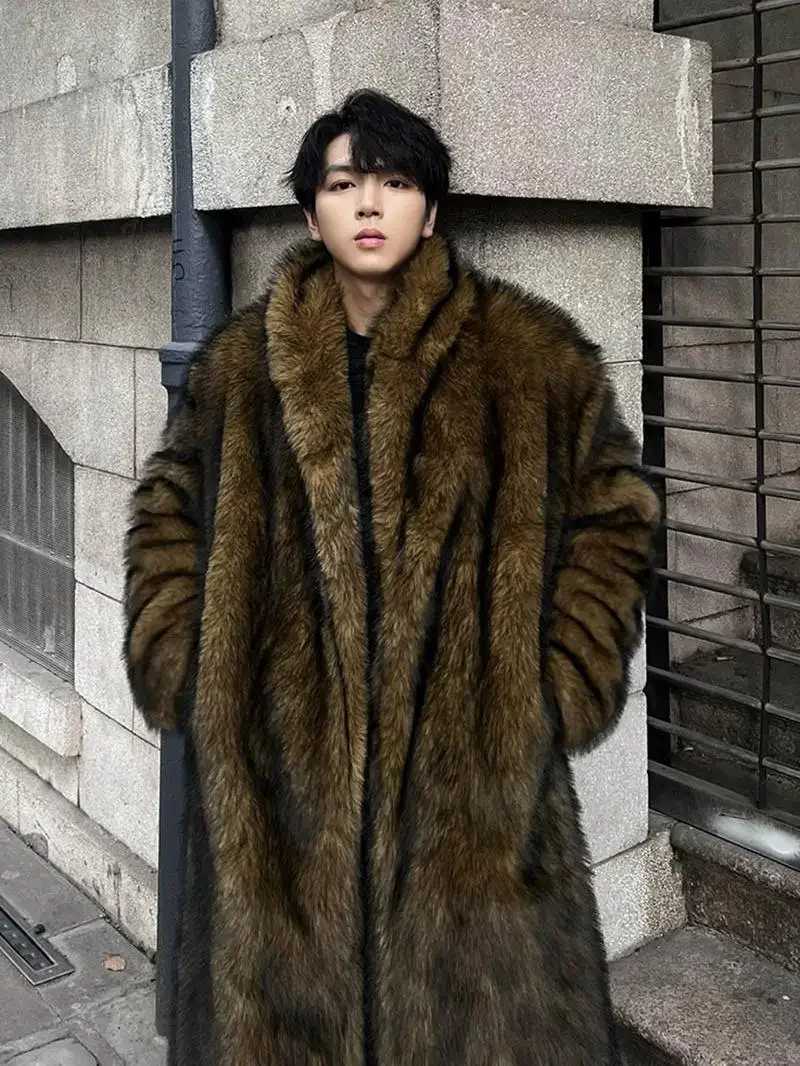 2024 Winter New Original Fox Hair Imitation High end Fashion Artificial Fur Mens Fur Long Thick Warm Long Sleeve Coat W241213