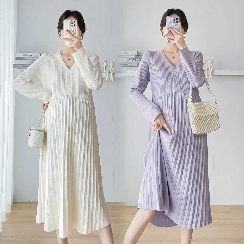 Pregnant Dresses 2024 Womens Spring 2024 New Fashionable V-neck Woolen Materni Clothes Elegant Chic Solid Color Korean SleXJ241213