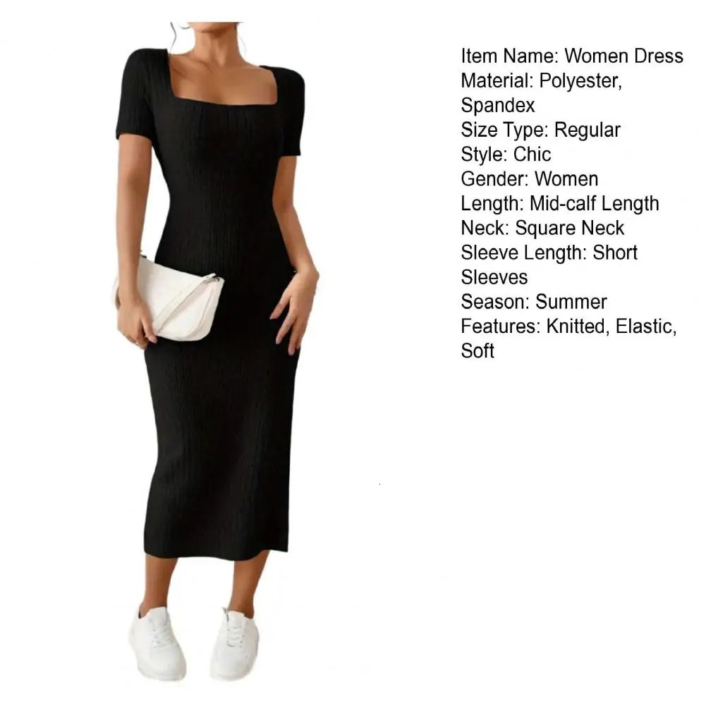 Womens summer dress split hem knitted elastic long sleeved party commuting casual Ins style Midi 241212