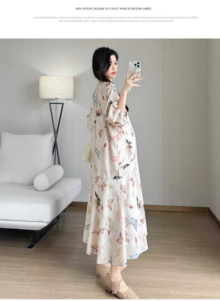 2025 Summer Materni Long Loose Dress Chinese Sle Lantern Sleeve Fashion Printing Pregnant Woman Beach Dress Holiday ClothesXJ241213