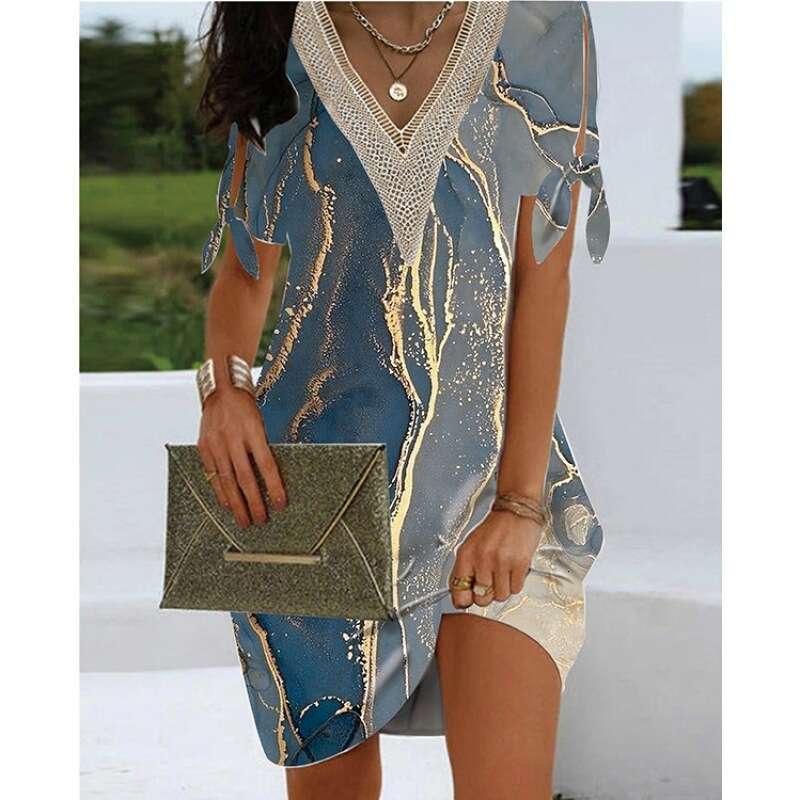 European and American women's summer style fashionable craftsmanship cuffs slit bow collar lace printed dress 2024 temperament versatile new tren