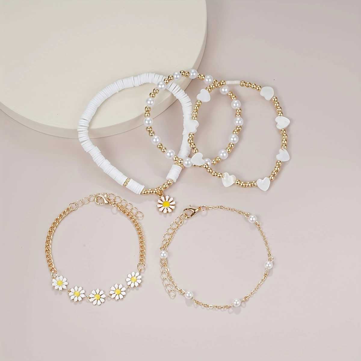 5pcs Daisy Flower Pendant Beaded Chain Pure And White Faux Bracelet SetXJ241214