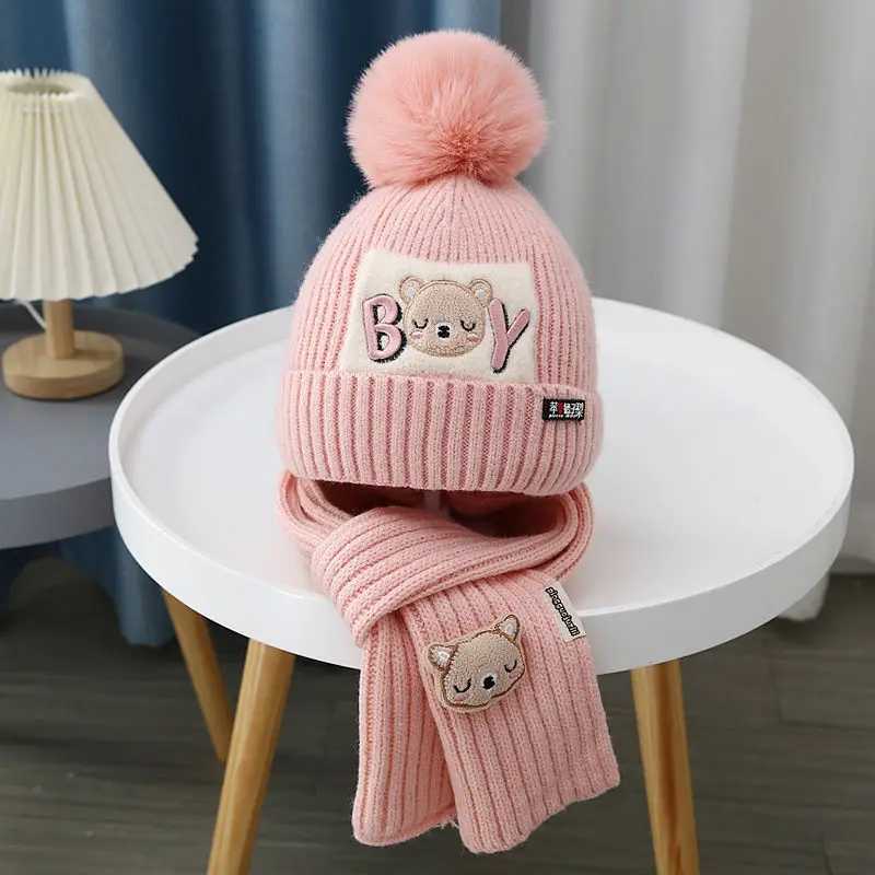 2Pcs/Set Baby Hat Scarf Cute Pompom Winter Woolen Knitted Warm Beanie Kids Boys Girls Bear Crochet Cap Scarves W241213