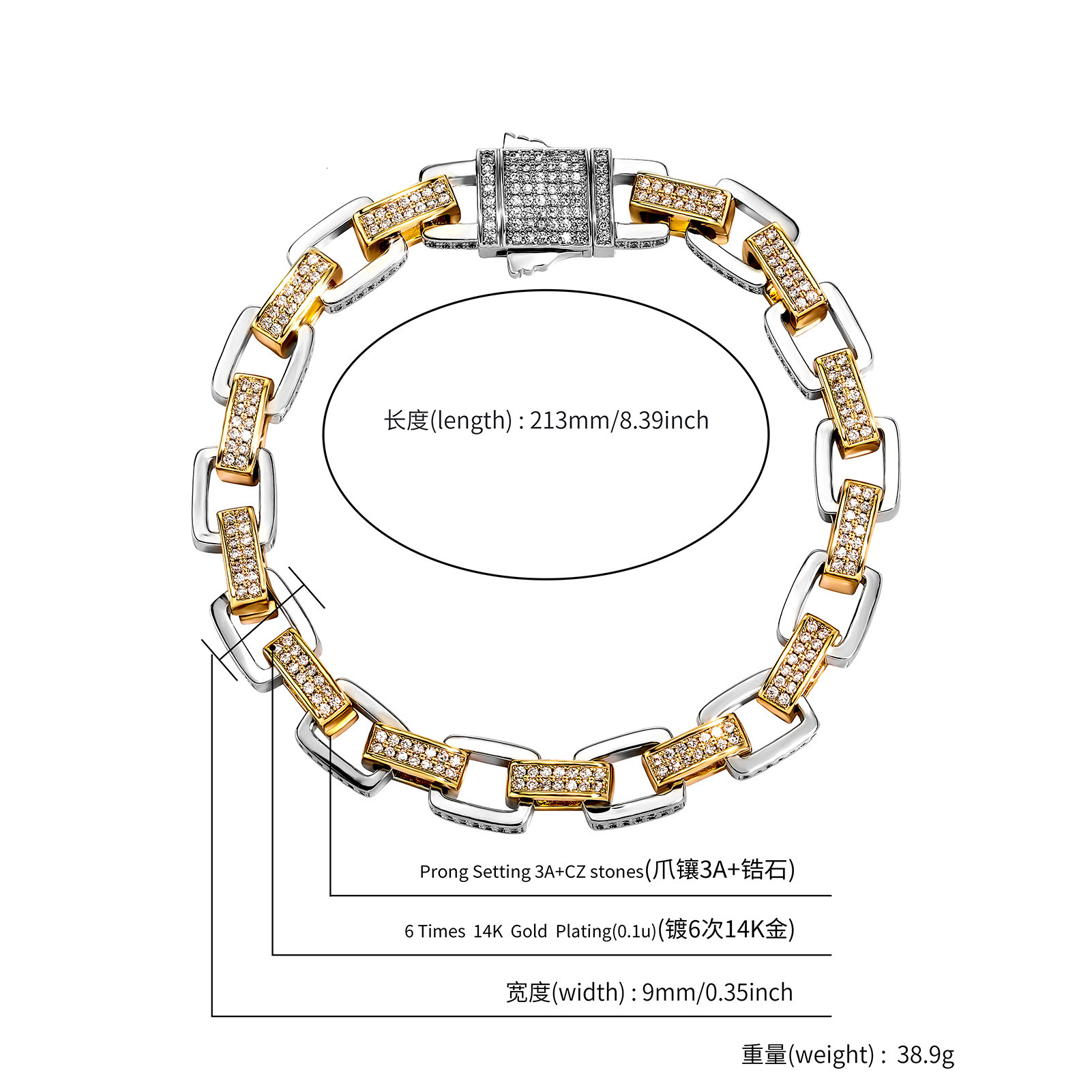 Hip Hop New Geometric Square Link Chain Mens Bracelet Bling Cubic Zircon Spring Buckle Bangle Bracelets 14k Gold Miami Rapper Bijoux Pulsera Hombre Wo