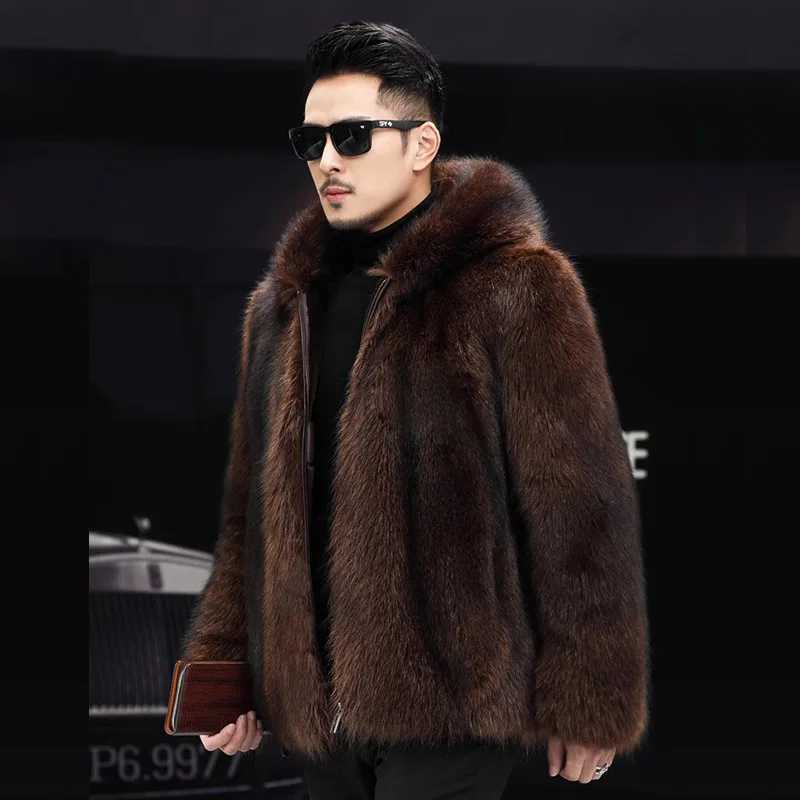 S-6XL size fashionable mens jacket warm cover artificial fox mink fur mens winter coat brown outdoor sportswear casual shorts W241213