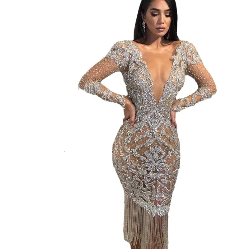 Womens Deep v Hollow Long Sleeved Sprinkled Gold Long Dress