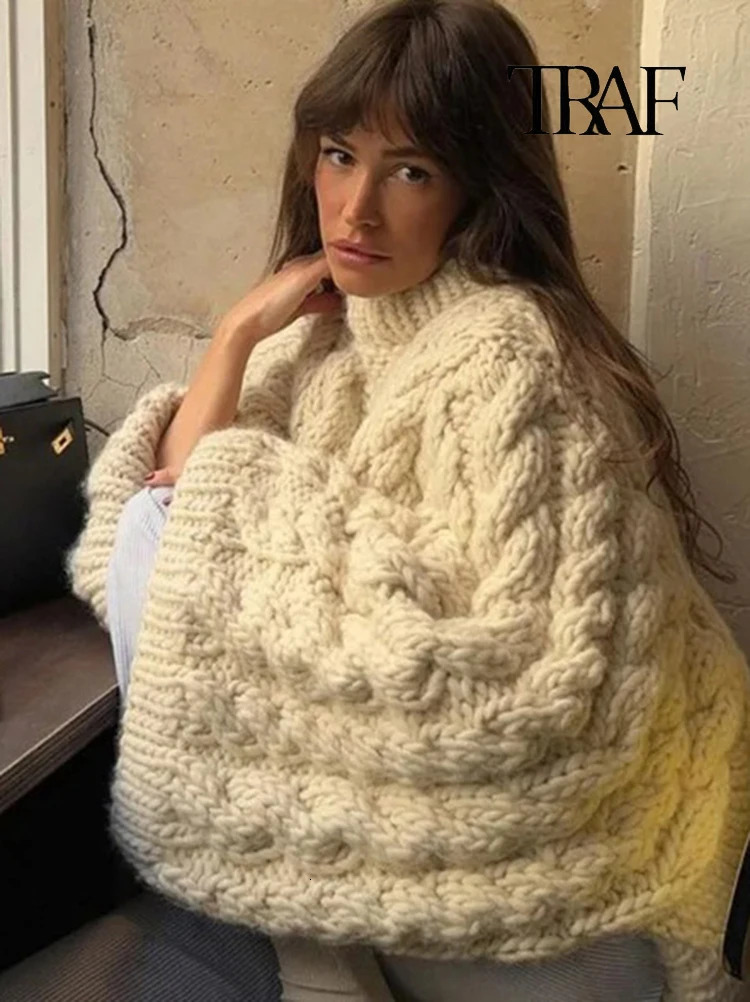 TRAF Womens Fashion Oversized Solid Color Knitted Sweater Casual Slow Pull Flower Autumn and Winter Loose Long Sleeve Top 241211