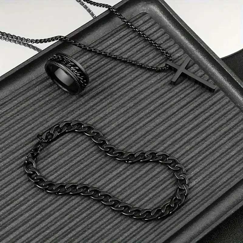 Punk Cross Pendant Necklace Bracelet Chain Ring Mens Set Simple Personality Hip Hop Party Three Piece Jewelry AccoriesXJ241214