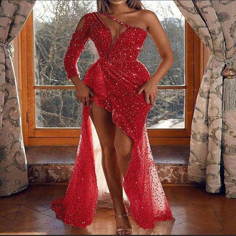 Women's Dreamy Socialite Party Quality Sexy High Slit Long Sleeved Sequined Banquet Evening Dress