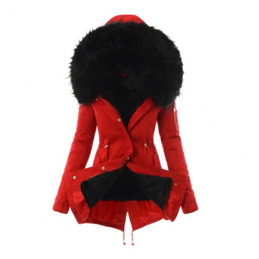 Winter womens cotton blend jacket windproof with fur cap pocket zipper down 241212