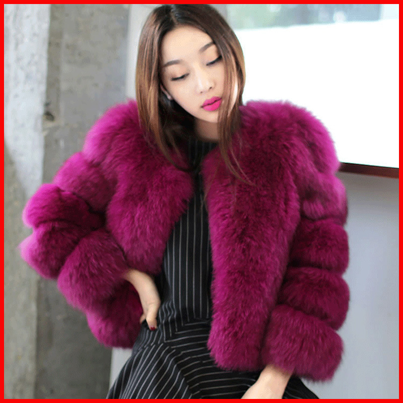 Imitation fox fur coat womens plus size long plush thick long sleeved top purple round neck short womens clothing 241015