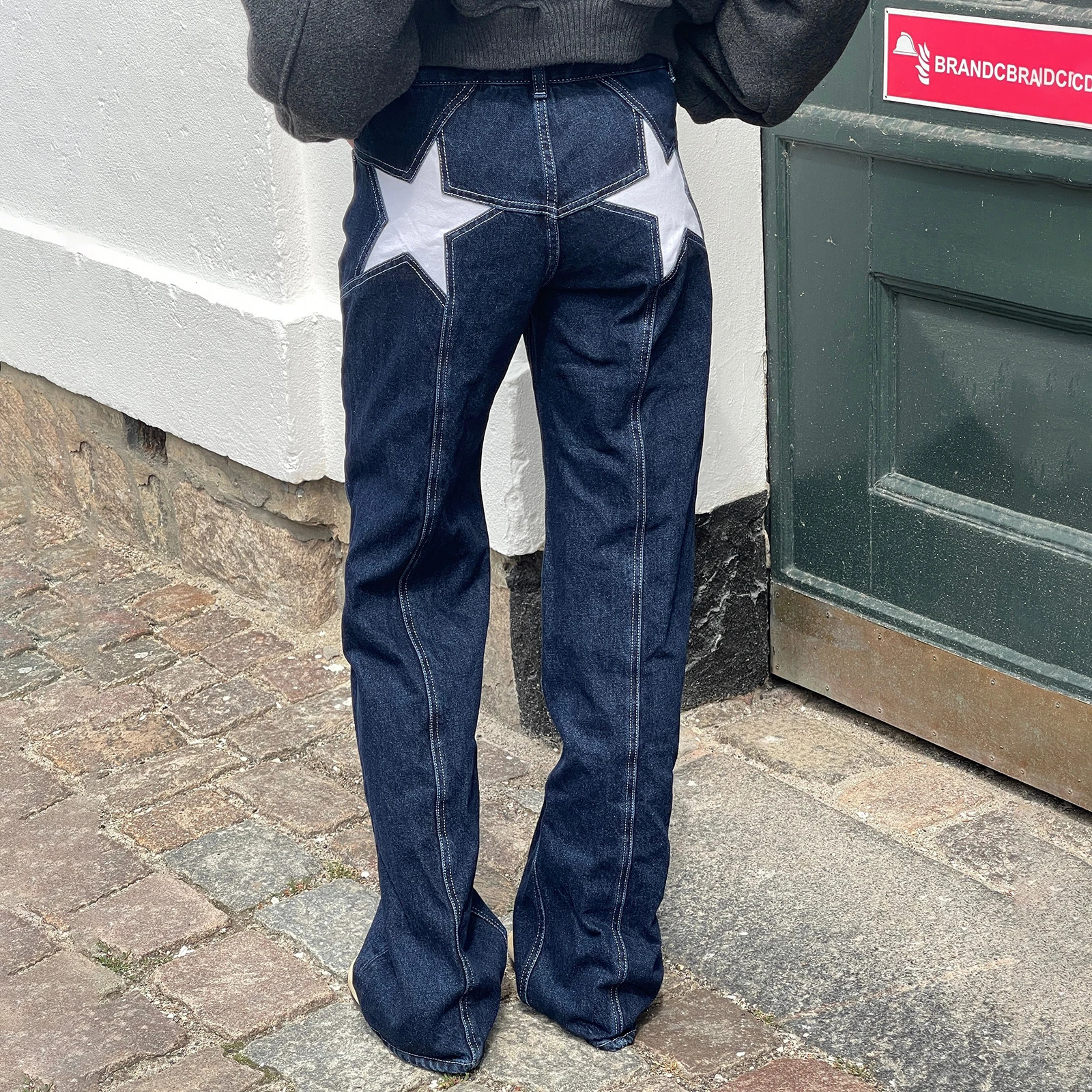 Combhasaki Womens Y2K Vintage Jeans Aesthetic Star Pattern Print Loose Straight Leg Denim Long Pants Casual Low Waist Trousers 241214