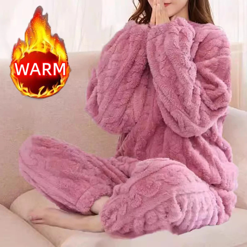 Womens Pajamas Set Winter Sleepwear Oneck Loose Long Sleeve Top Elastic Waist Leg Pant Sets Trousers Plus Size Matching 241203