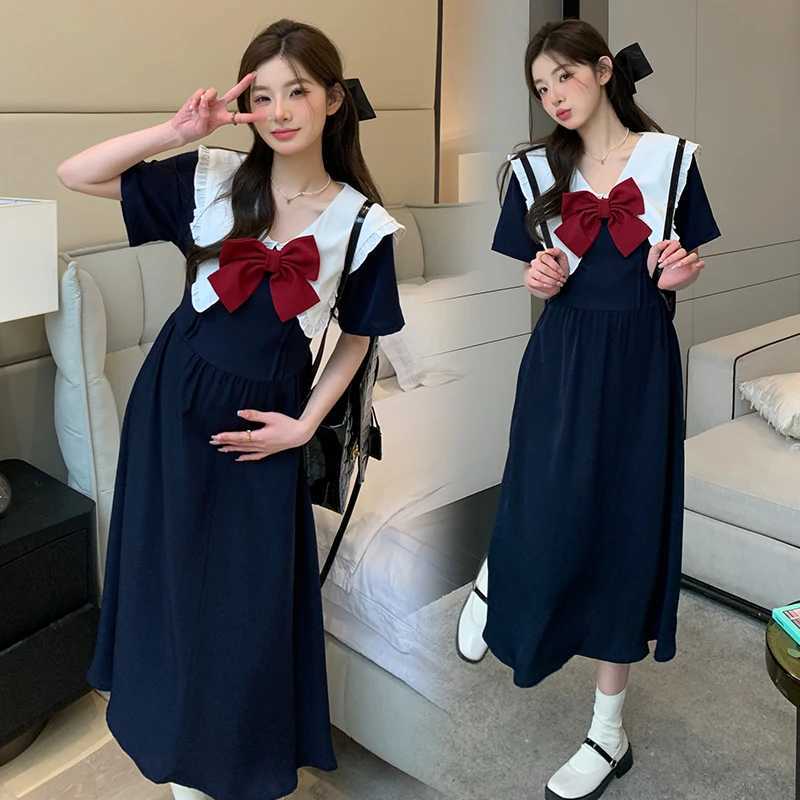 Summer Preppy Sle Bowknot Sailor Collar Materni A-line Dress Fashion Long Loose Pregnant Woman Preppy Sle Dress WholesaleXJ241213